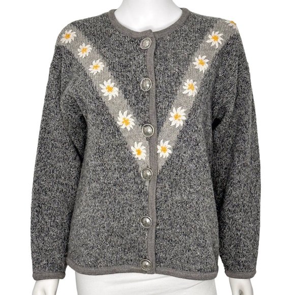 Vintage Country Blue Wool Blend Daisy Print Cardigan in Gray Women's Size M - Picture 5 of 17
